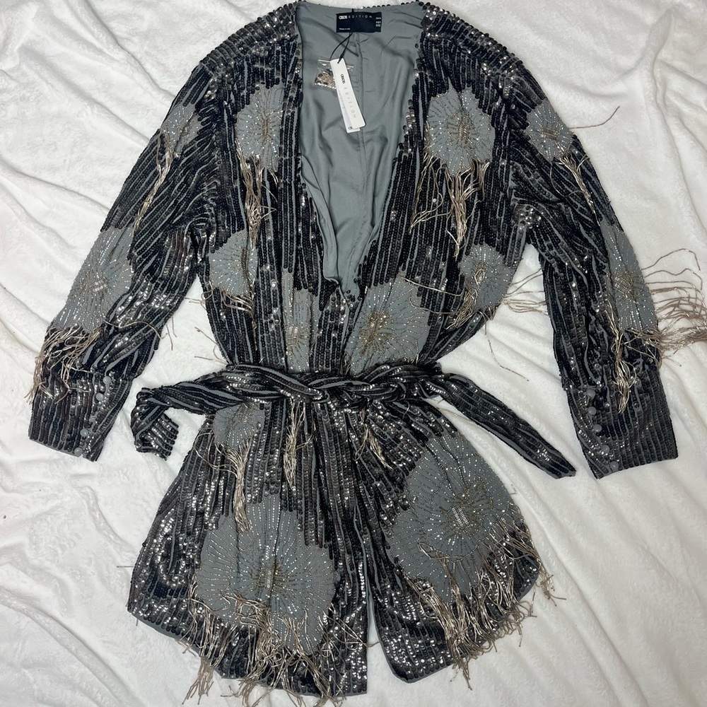 ASOS EDITION Curve floral fringe sequin wrap mini dress in charcoal